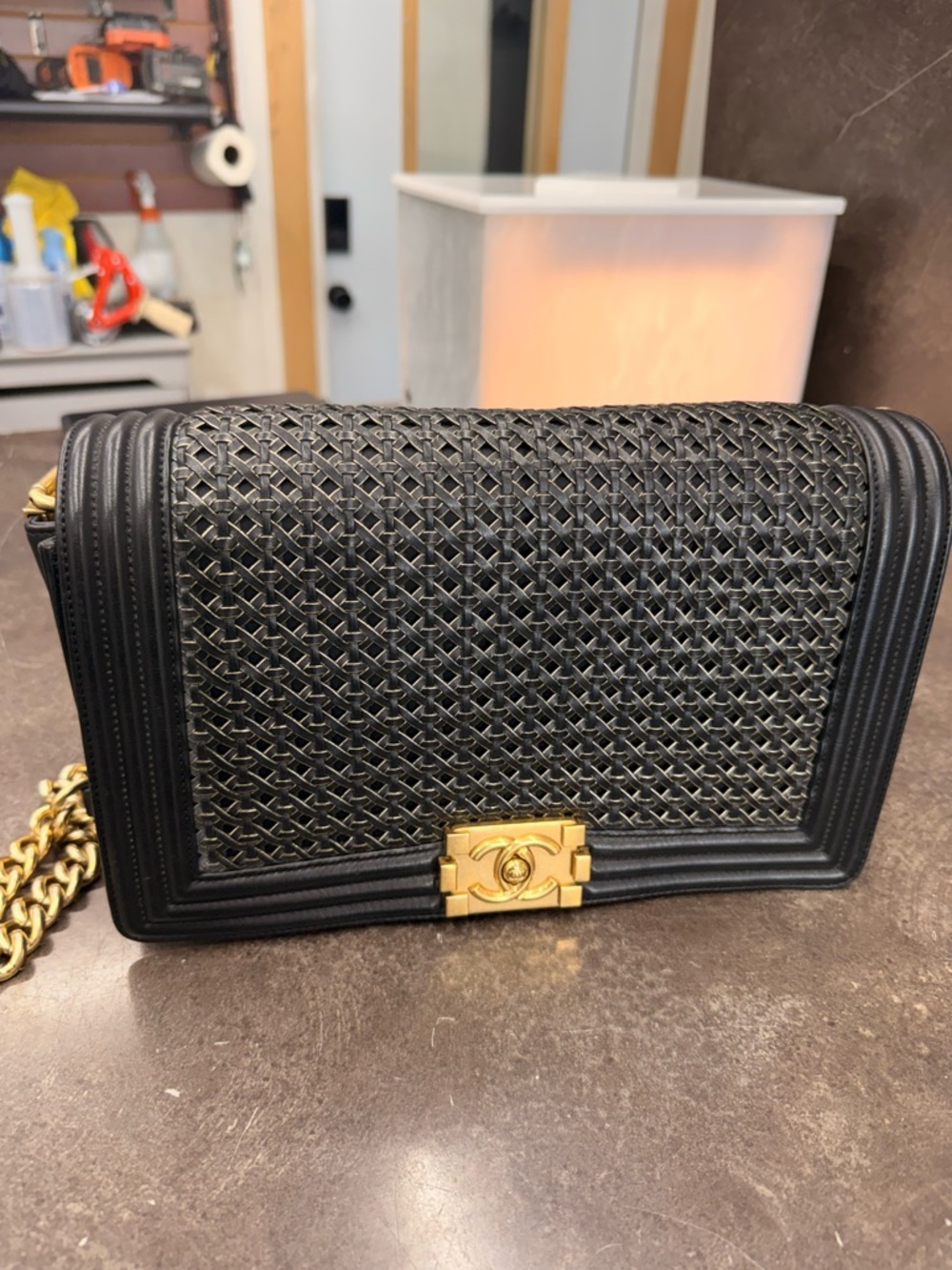 CHANEL Dark blue/Black Woven Leather flap Boy Bag with Gold Hardware